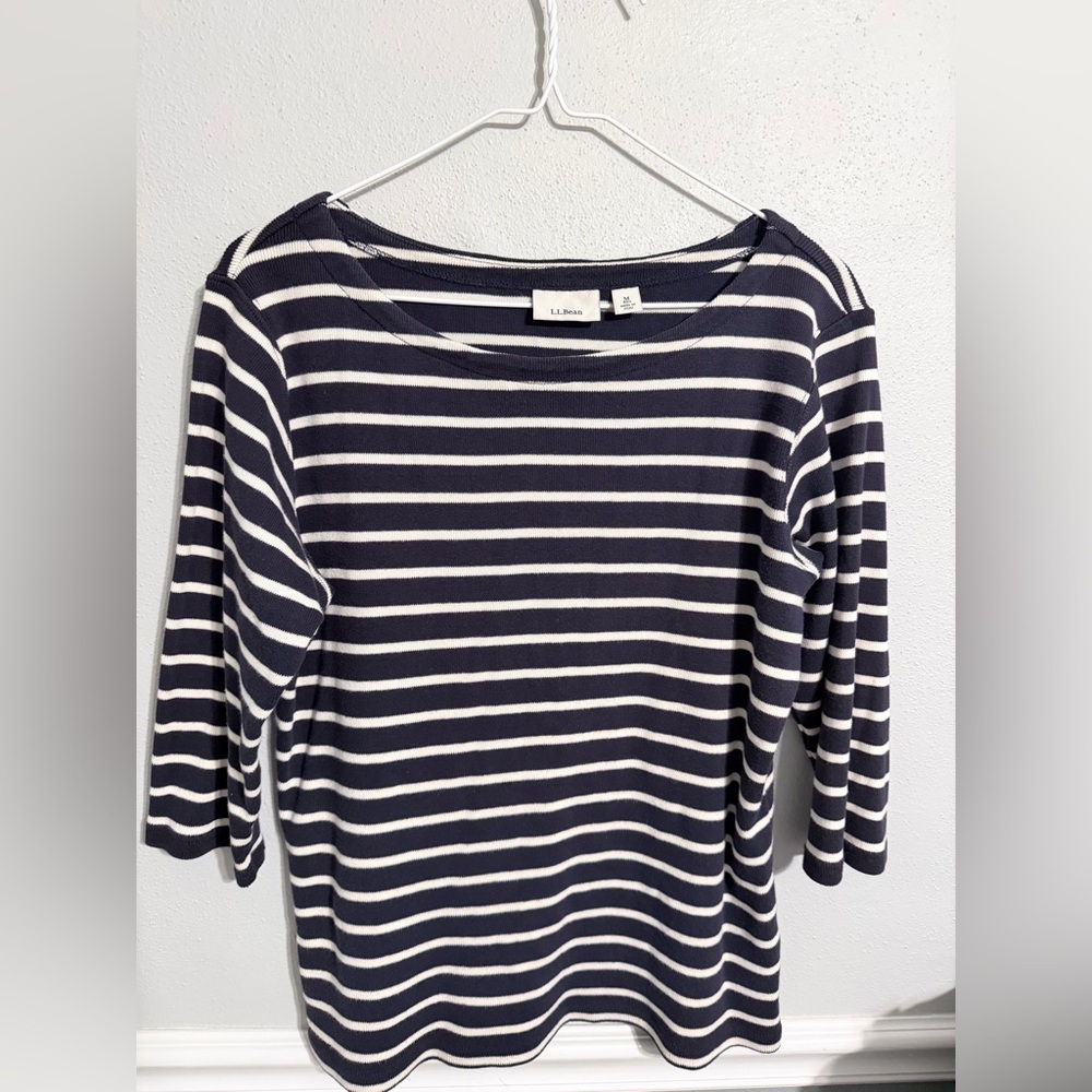 LL Bean women’s Medium Heritage Mariner‎ Striped 3/4 sleeve Boatneck Cotton Blue